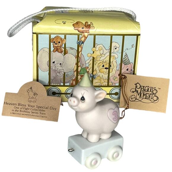 Precious Moments BIRTHDAY TRAIN 3 Yrs Old Porcelain PIG Figurine Enesco Box Tags - Picture 6 of 6